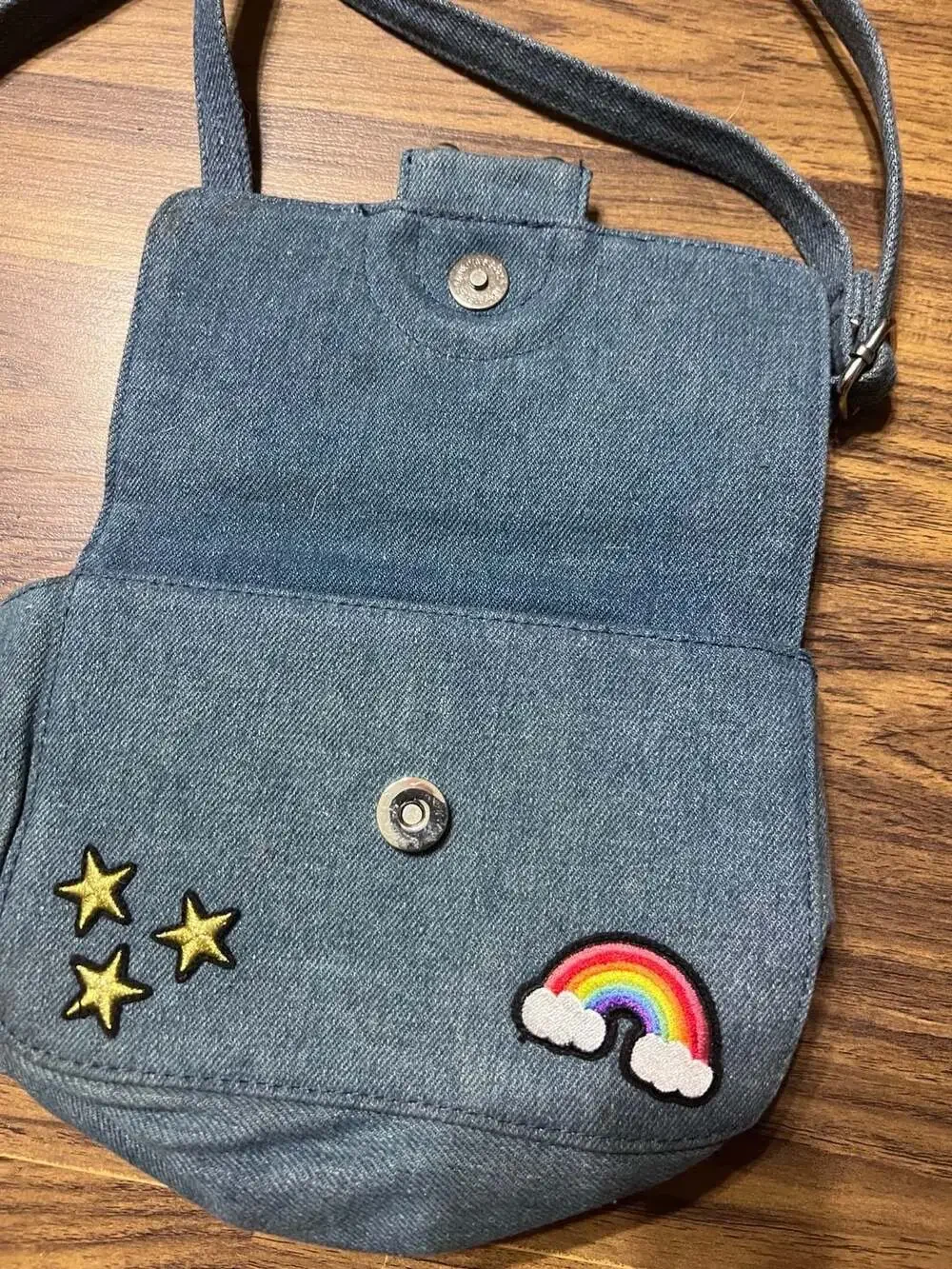 No Boundaries Denim Ring Embroidered Crossbody Bag Purse Heart Rainbow